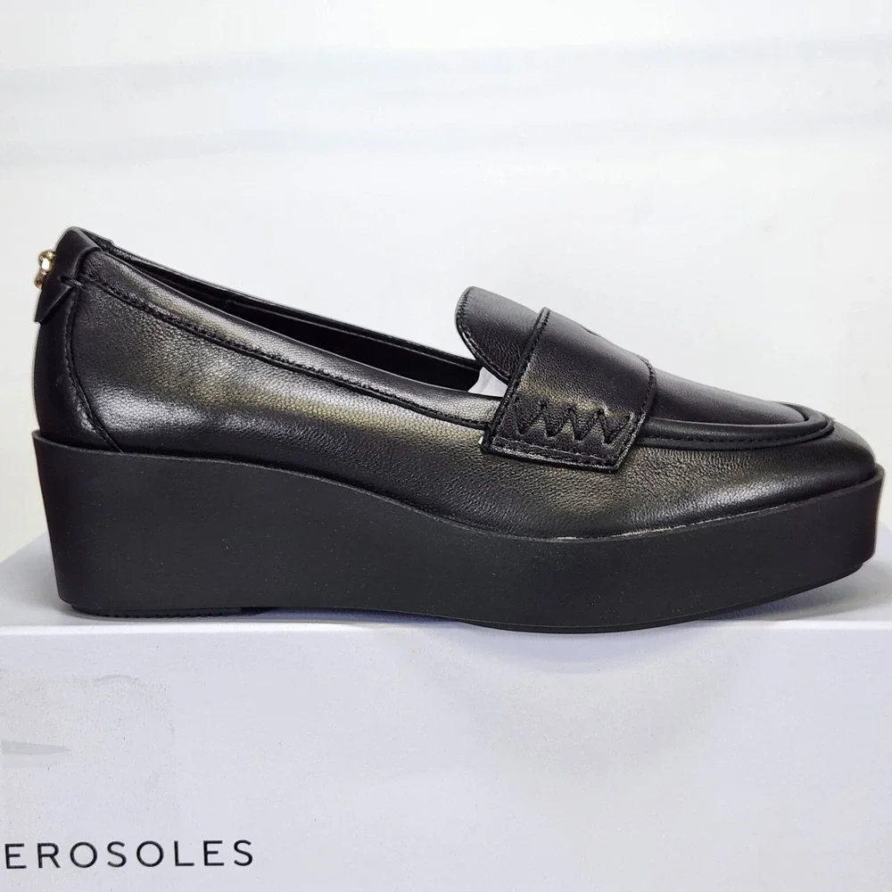 Aerosoles Cetara Platform Loafer Women Size 5 Black Leather Wedge Slip On